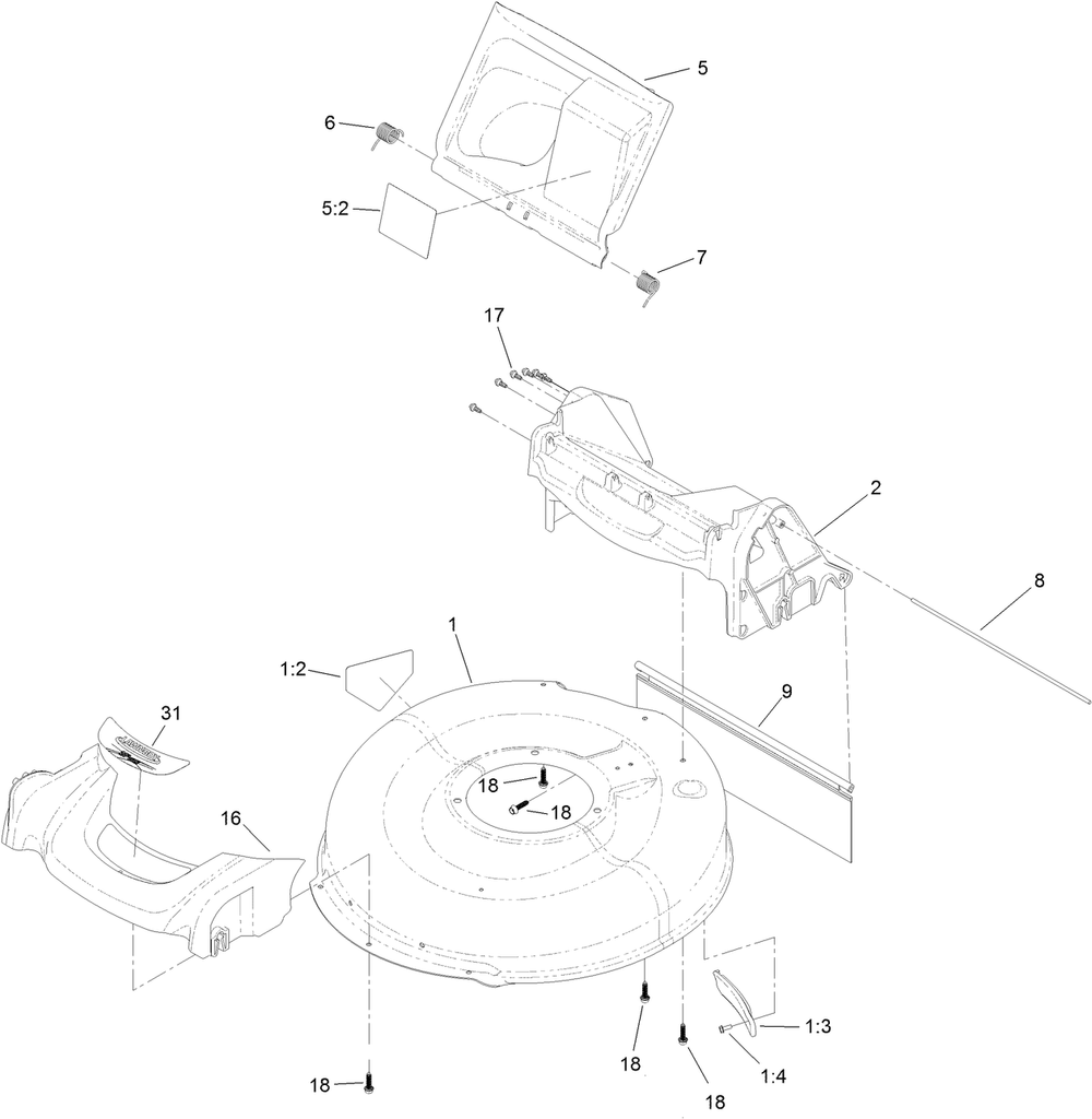 Deck, Side Chute And Rear Door Assembly Diagram and Parts List for 10730 (316000001-316999999)(2016) Lawn Boy Lawn Mower
